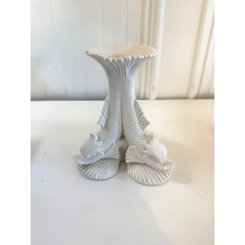 Fitz And Floyd Atlantis Collection Candleholder White Ceramic Fish Candle Holder
